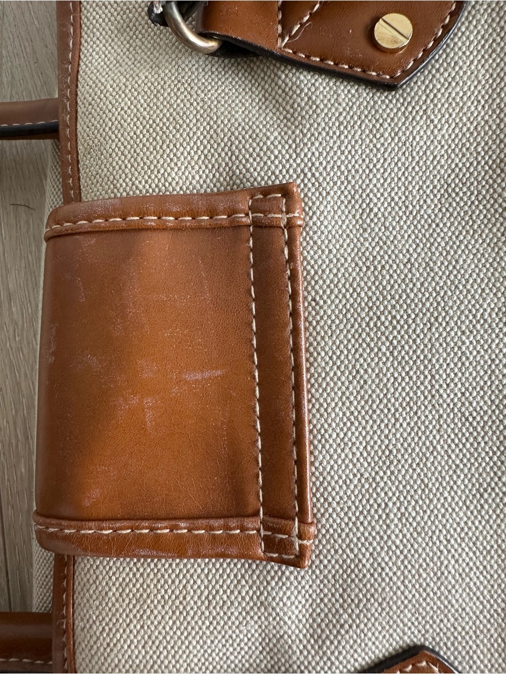 Isaac Mizrahi Beige Canvas Tote with Brown Faux Leather Trim - Picture 8 of 12